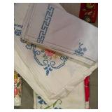 Linen Napkins with Blue Embroidery & 4 Green-Framed Cross-Stitch Panels