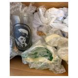 Vintage Glassware & Jewelry Mix: Frosted Portrait Tumbler, Stemmed Wine Glass, Blue Pendant