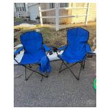Blue Folding Camping Chairs - Cup Holder Armrests, Pair