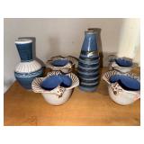 Blue & White Ceramic Vase & Shell-Edge Bowls Set - Handmade in Minnesota (6-Piece)