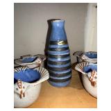 Blue & White Ceramic Vase & Shell-Edge Bowls Set - Handmade in Minnesota (6-Piece)