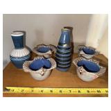 Blue & White Ceramic Vase & Shell-Edge Bowls Set - Handmade in Minnesota (6-Piece)