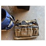 Tan Tool Roll Organizer with Pockets - Blue Bucket & Perforated Panel