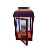 Red Metal Lantern - Glass Panels, Candle Inside