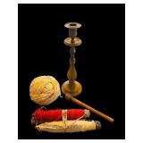 Brass Candlestick Holder with Yarn Spools & Twine - Vintage Set
