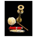 Brass Candlestick Holder with Yarn Spools & Twine - Vintage Set