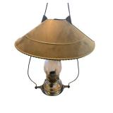 Vintage Brass Hanging Oil Lamp with Conical Shade and Glass Reservoir