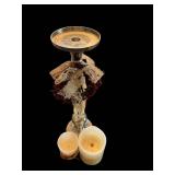 Candlestick Centerpiece - Metal Candlestick with Lace Ribbon & Berry Garland, Ivory Pillar Candles