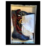 Think! Patchwork Tall Boot - Blue Leather With Multicolor Panels, Side Zip