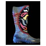 Think! Patchwork Tall Boot - Blue Leather With Multicolor Panels, Side Zip