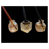 Ink Bottles - Glass Inkwells with Stoppers & Nibs (Lot of 3)