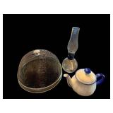 Ceramic Teapot With Blue Handle, Glass Hurricane Lamp & Mesh Cover