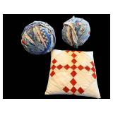 Patchwork Quilt Throw Pillow & Denim Rag Balls