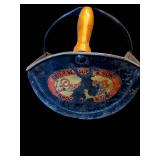 Vintage Blue Metal Coal Scuttle with Wooden Handle