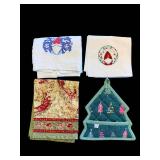 Christmas Tea Towels & Tree Wall Hanging (Lot of 4)