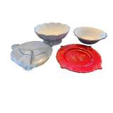 4-Piece Vintage Glass Serving Set: Clear Divided Tray, White Shell Bowls, Red Rooster Plate