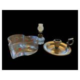Heart-Shaped Glass Dish with Painted Hearts - Chip on Rim; Includes Oil Lamp & Candle Holder
