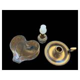 Heart-Shaped Glass Dish with Painted Hearts - Chip on Rim; Includes Oil Lamp & Candle Holder