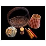 Wicker Basket, Lampshade, Rag Yarn Ball, Thread Spool & Candles (Lot of 7)