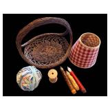 Wicker Basket, Lampshade, Rag Yarn Ball, Thread Spool & Candles (Lot of 7)