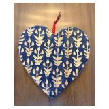 Blue Heart Wall Decor with Cream Leaf Pattern - Hanging Ribbon