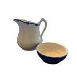 Pitcher with Bowl - White Ceramic with Blue Rim