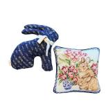 Blue Velvet Pillow & Floral Bunny Cushion - Decorative Set
