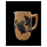 Stoneware Pitcher - Floral Blue Leaves Embossed on Tan Ceramic
