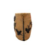 Stoneware Pitcher - Floral Blue Leaves Embossed on Tan Ceramic