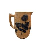 Stoneware Pitcher - Floral Blue Leaves Embossed on Tan Ceramic
