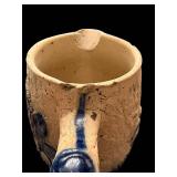 Stoneware Pitcher - Floral Blue Leaves Embossed on Tan Ceramic