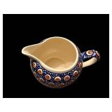 Ceramic Creamer Pitcher - Blue & White with Brown Dot Medallions