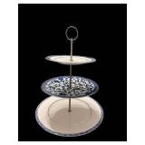 Blue & White Porcelain 3-Tier Serving Stand - 12" Tall