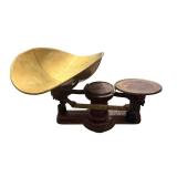 Antique Kitchen Scale with Large Brass Pan and Dial Gauge on Cast Iron Base