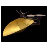 Antique Kitchen Scale with Large Brass Pan and Dial Gauge on Cast Iron Base