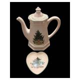 Ceramic Teapot with Christmas Tree Motif & Matching Heart-Shaped Plate