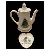Ceramic Teapot with Christmas Tree Motif & Matching Heart-Shaped Plate