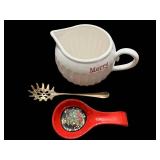 Creamer Merry White Ceramic - Red Holiday Spoon Rest & Silver Ornate Spoon (3-Piece Set)
