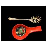 Creamer Merry White Ceramic - Red Holiday Spoon Rest & Silver Ornate Spoon (3-Piece Set)