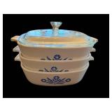 White Ceramic Corning Ware Casserole Dishes Set of 3 with Blue Floral Pattern and Glass Lid