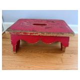 Red Painted Wooden Step Stool with Scalloped Edges (Broken Leg)