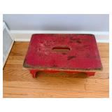 Red Painted Wooden Step Stool with Scalloped Edges (Broken Leg)