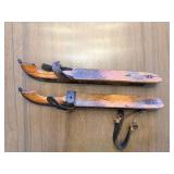 Vintage Wooden Ice Skates with Leather Bindings - Pair
