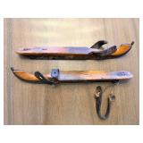 Vintage Wooden Ice Skates with Leather Bindings - Pair