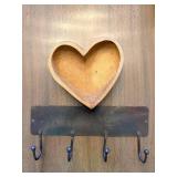 Wall Hook Rack with 4 Hooks & Heart Shaped Wood Bowl