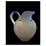White Ceramic Pitcher with Blue Rim, 10-Inch Tall