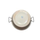 Enamelware Bowl 14in Dia x 5in Deep, White with Blue Rim, 2 Handles