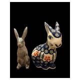 Rabbit Figurine Set - 2-Piece Ceramic Blue/White Floral Rabbit & Bronze Bunny