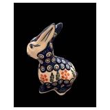 Rabbit Figurine Set - 2-Piece Ceramic Blue/White Floral Rabbit & Bronze Bunny