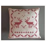 Throw Pillow 15x15 - White Cover with Red Embroidered Deer Motifs